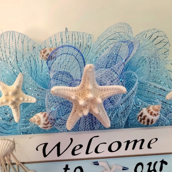 Beach Wreath Nautical Seagull Starfish Deco Mesh Bow Coastal Blue Teal Navy - Picture 4 of 11